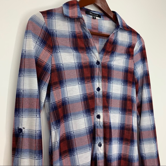 New Look Lightweight Soft Plaid Long Sleeve Button Up Red White & Blue Size S - Picture 3 of 11